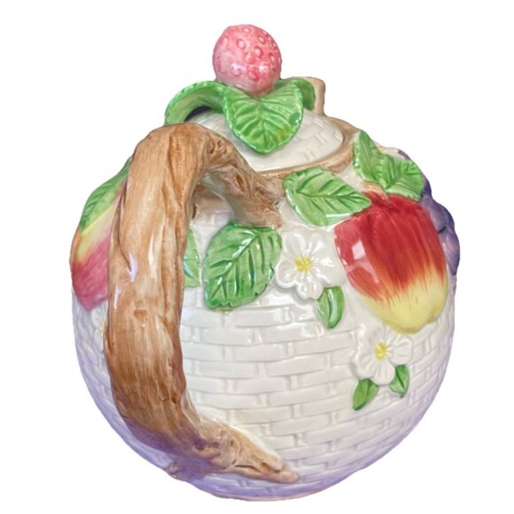 Fitz Floyd Fruit Teapot Basket Weave 42 oz Vintage 1990 Cottagecore Farm MCM - Picture 4 of 5